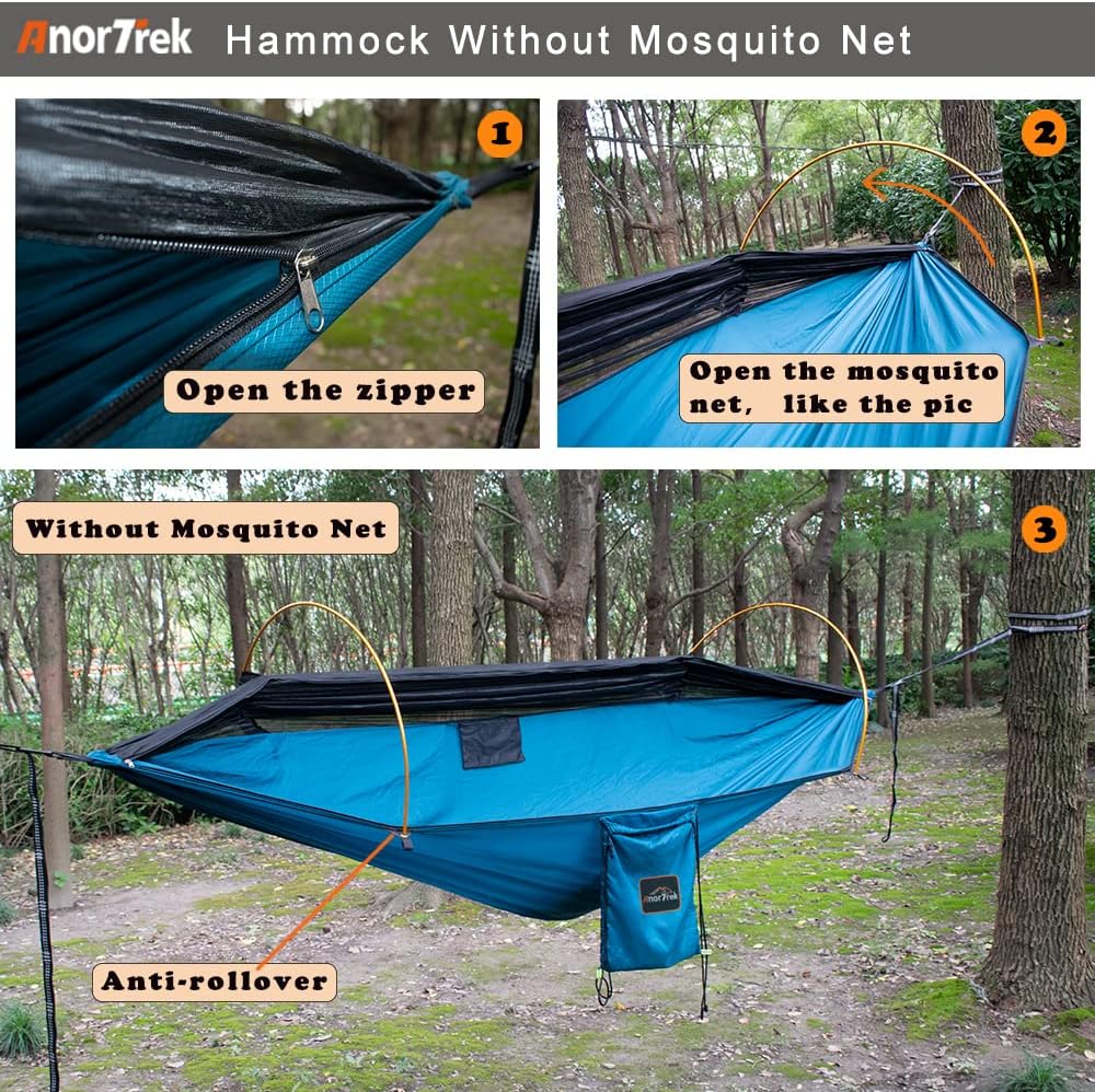 AnorTrek Professional Camping Hammocks with Mosquito Net, Lightweight Double for Camping, Hiking & Backpacking | Includes Two 10 FT Tree Straps, 230T Nylon Design