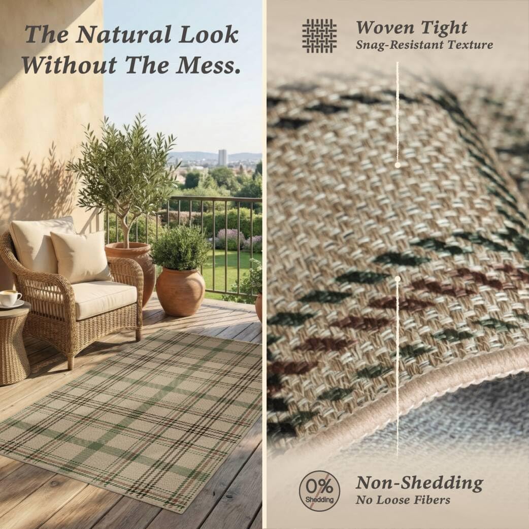 JTJ Easy Jute Outdoor Rug 3x5, Washable Farmhouse Plaid for Front Porch and Entryway, Non Slip Mat for Kitchen, Mudroom and Indoor Spaces, Sage Green