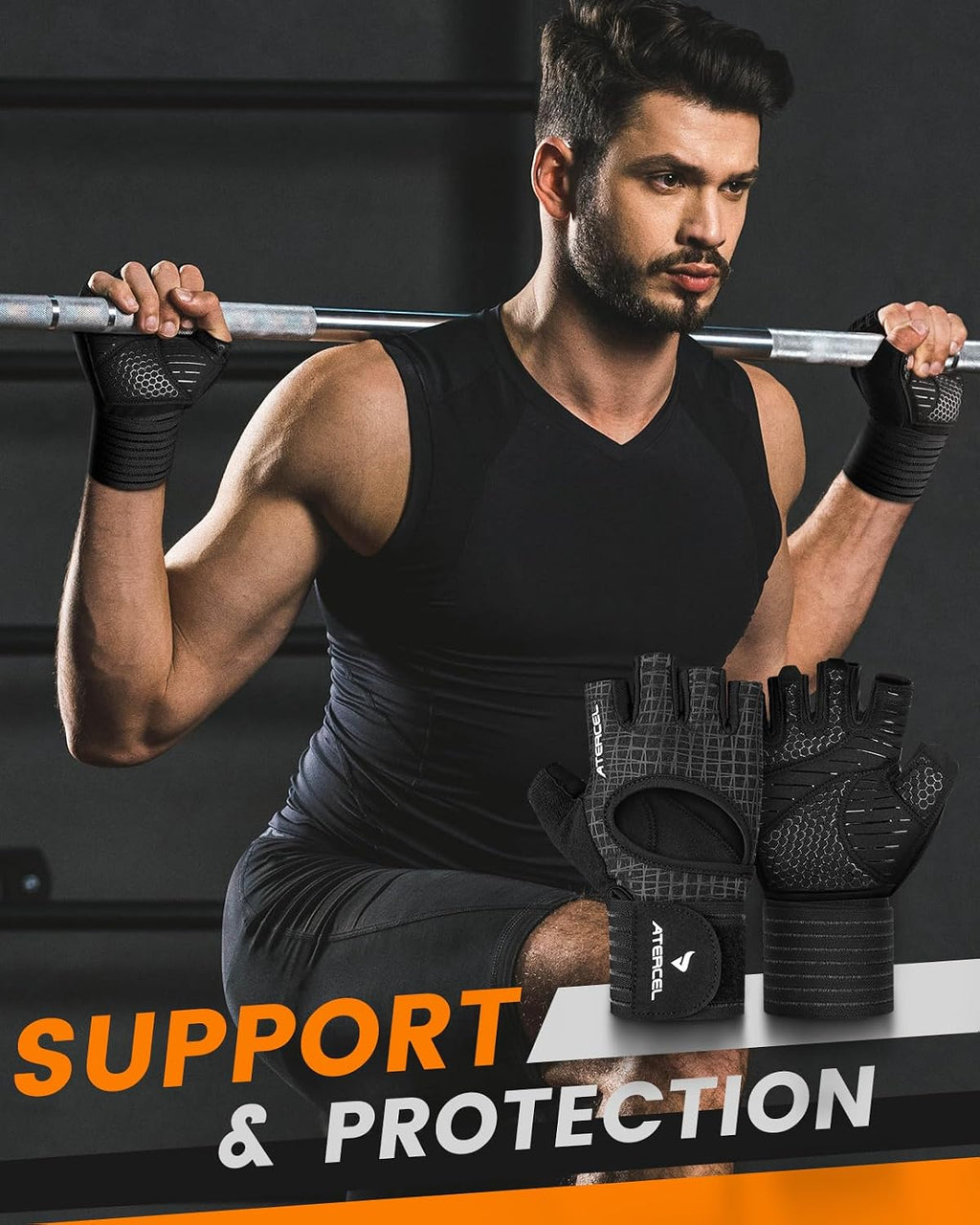 ATERCEL Gym Gloves for Men with Wrist Support, for Workout Weight Lifting