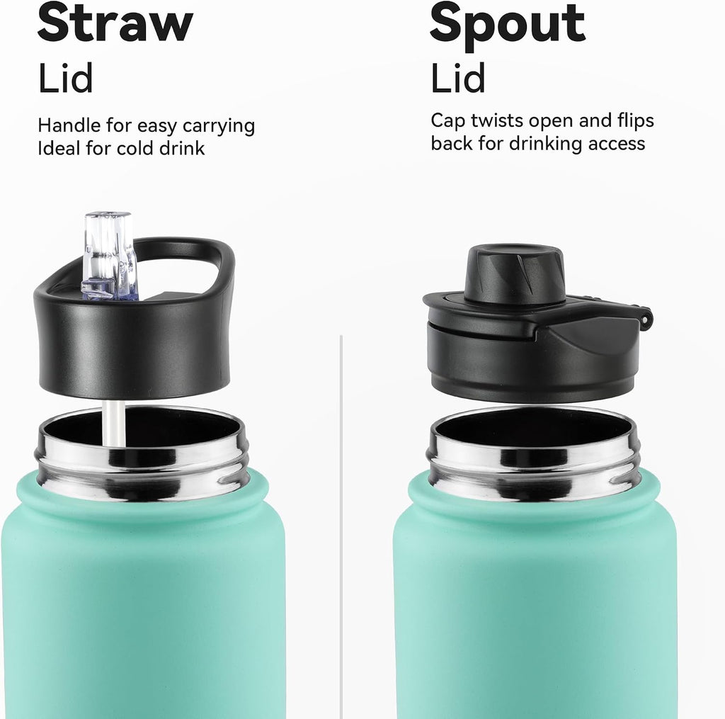Gradient Green 8 Pack: 24oz Insulated Stainless Steel Metal Water Bottle with Straw & Wide Mouth Lid, Double Wall Vacuum Bottle for Hiking & Camping