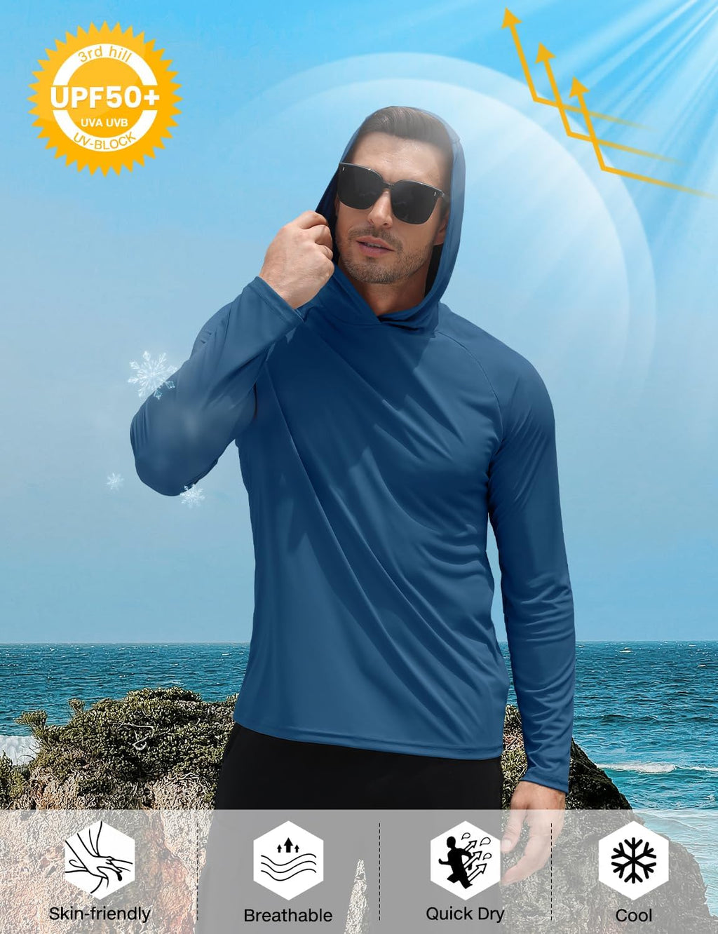 Mens UPF 50+ Sun Hoodie UV Protection Long Sleeve Swimming Rash Guard SPF Quick Dry Fishing Shirt for Outdoor Sports