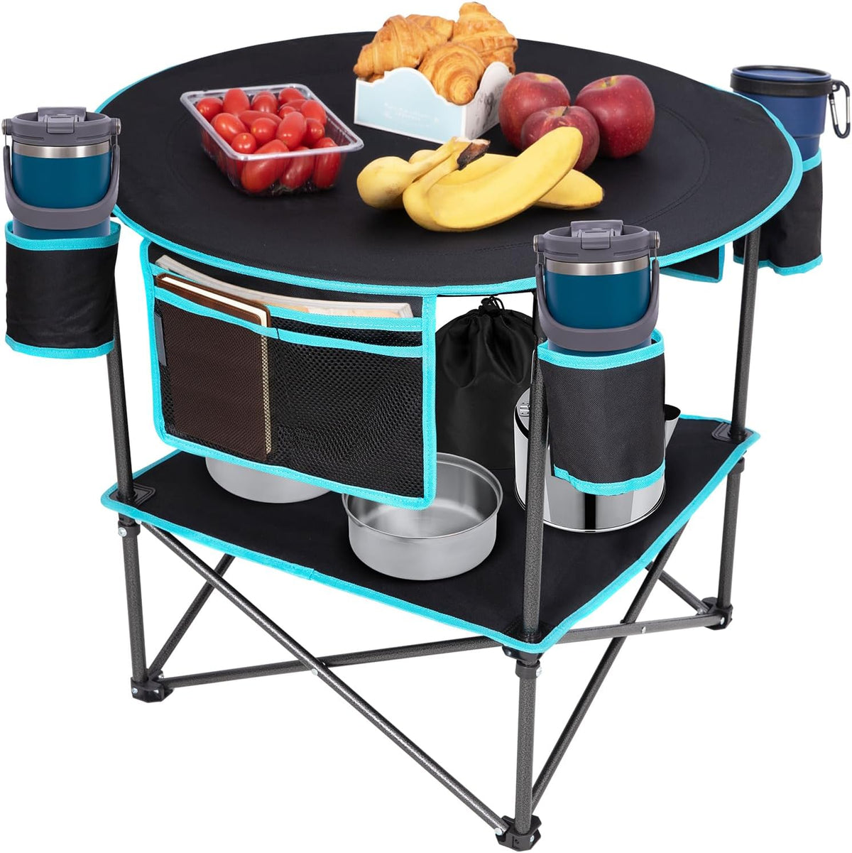 FUNDANGO Portable Folding Camping Table with 4 Cup Holders, 2-Tier