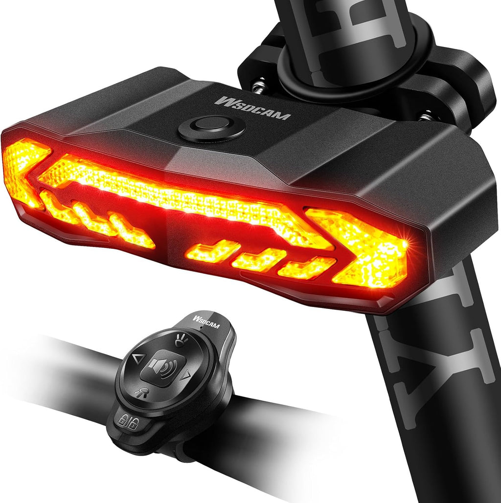 WSDCAM Smart Bike Light with Turn Signals, Brake Light, and Alarm Horn - Auto ON/Off Rechargeable Waterproof Rear Bicycle Tail Light with Remote
