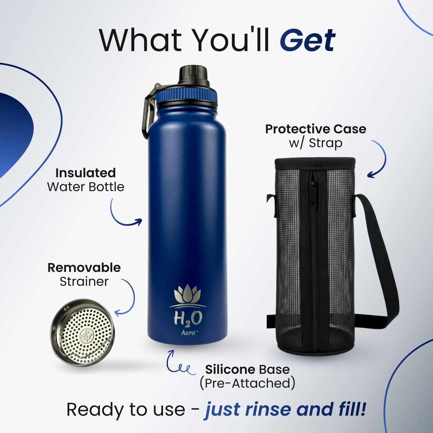 Premium 1 Liter Water Bottle (33.8 oz) with Carrying Case & Strap - Double Wall Vacuum Insulated Stainless Steel Water Bottle - Leakproof Lid, Wide Mouth, BPA-Free, Removable Strainer – Blue