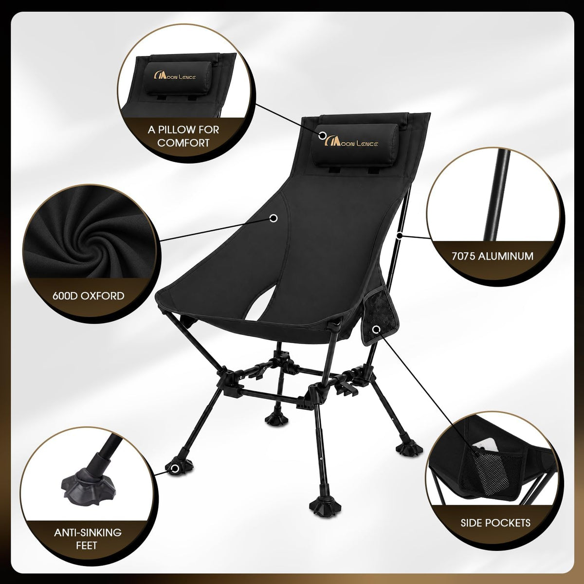 MOON LENCE High Back Folding Camping Chairs, Height-Adjustable, Widened Seat, for Beach with Anti-Sinking Feet (Black)