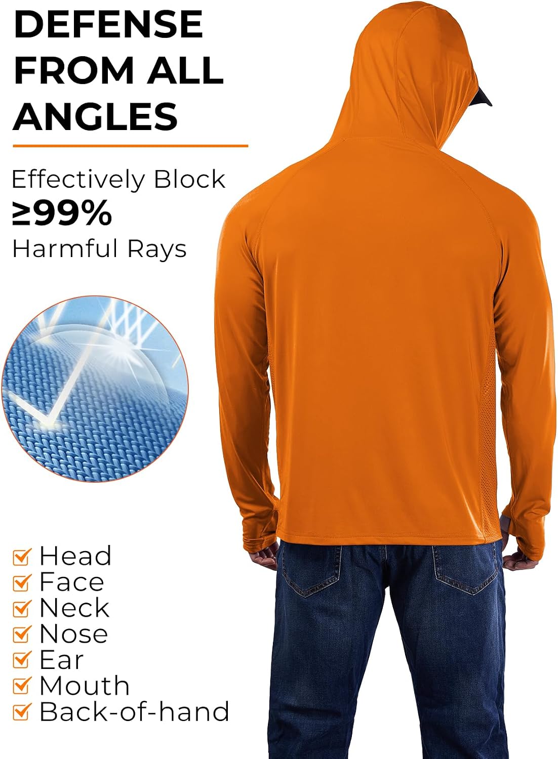 Rodeel UPF 50+ Men’s Long Sleeve Performance Fishing Hiking Shirt with Mask UV Neck Gaiter Hoodie