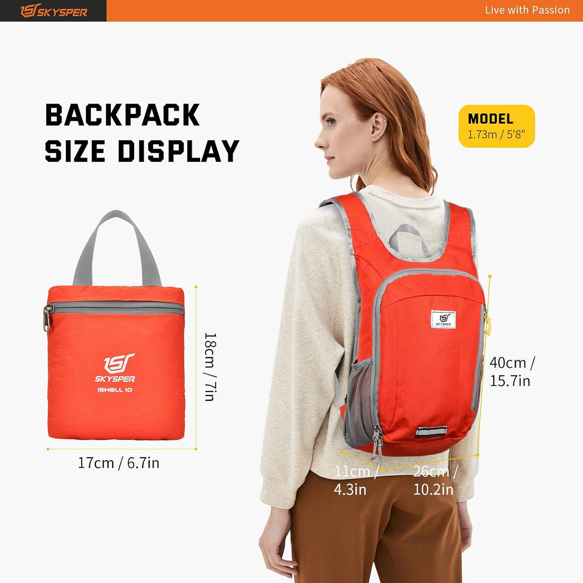 SKYSPER Small Daypack 10L Hiking Backpack Packable Lightweight Travel Day Pack for Women Men