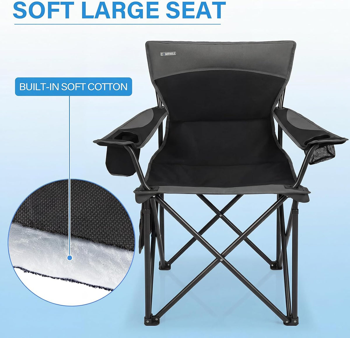 Oversized Camping Chair for Adults - 2 Pack Padded Lawn Chairs with Cup Holder & Side Pocket,Heavy Duty Folding Outdoor Chairs for Camp,Sports,Picnic,Beach,Black