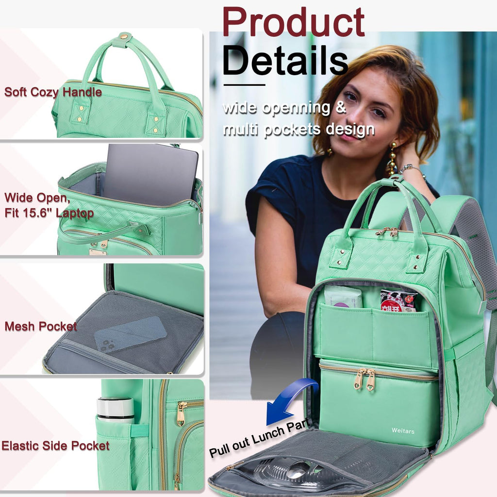 Weitars Lunch Backpack for Women,15.6 Inch Laptop Backpacks with Lunch Box