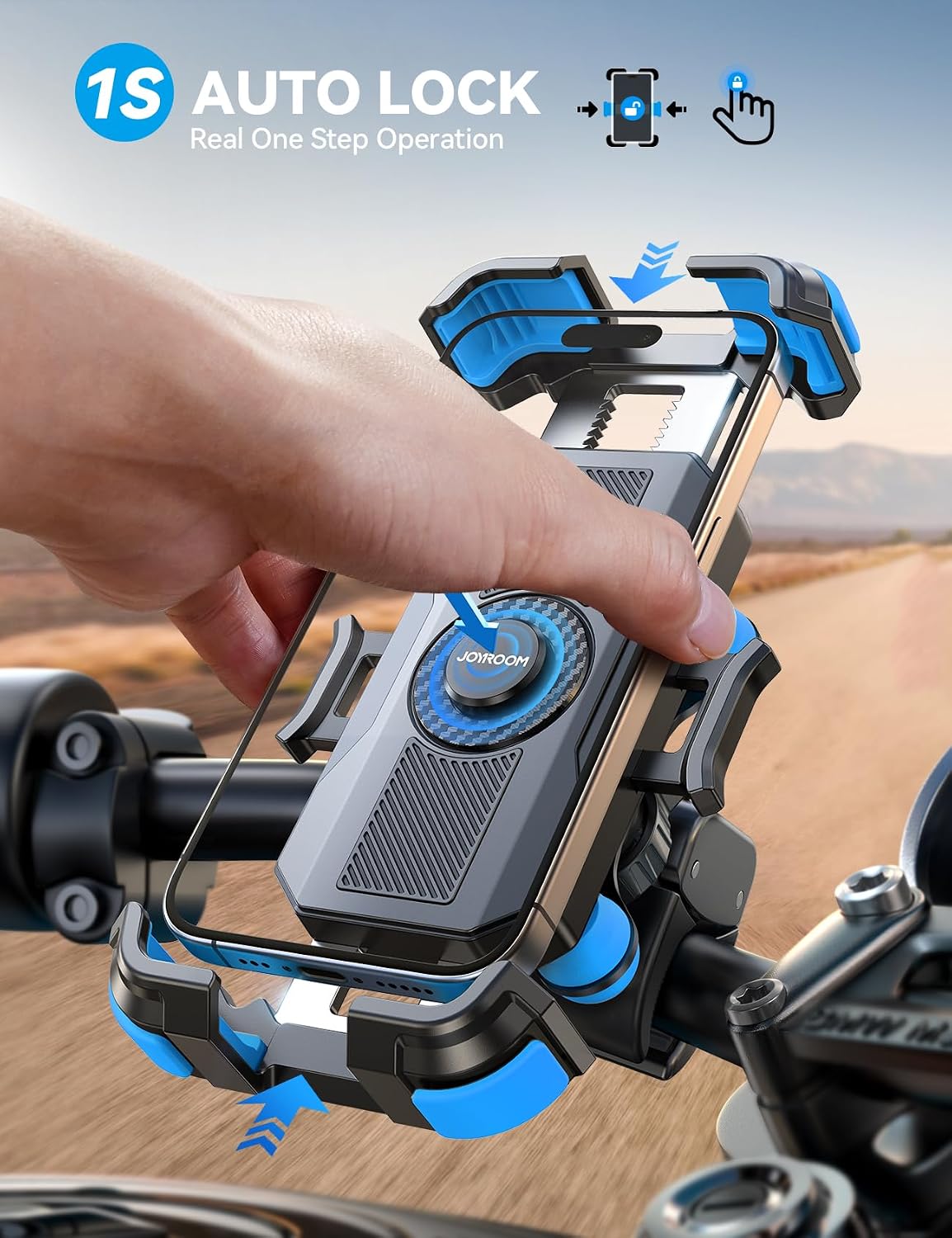 JOYROOM Motorcycle Phone Mount Holder - [Dual Vibration Dampener] 150mph Anti-Shock Phone Holder for Motorcycle [Upgrade Metal Handlebar Clamp] - Bicycle Bike Phone Holder Mount for 4.7-7" Phones,Blue