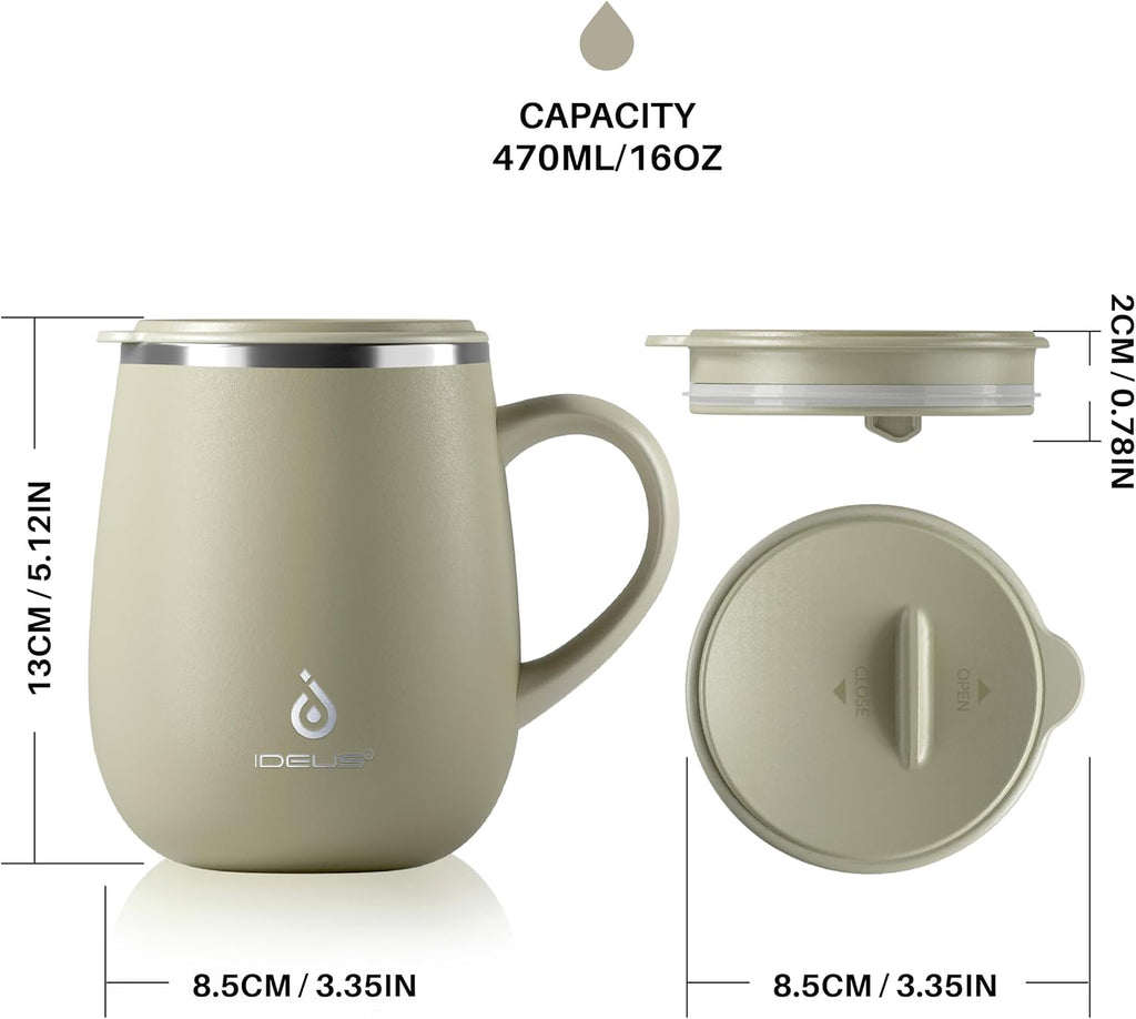 Ideus 16 oz Insulated Coffee Mug with Lid and Handle (Celadon, FUJI DAWN)