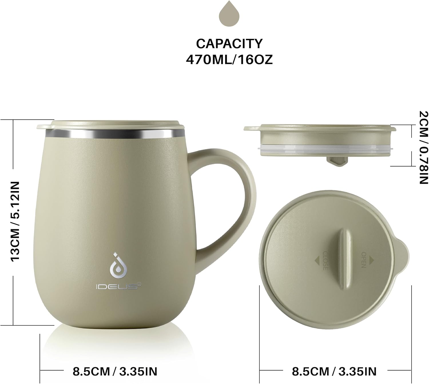 Ideus 16 oz Insulated Coffee Mug with Lid and Handle (Celadon, FUJI DAWN)