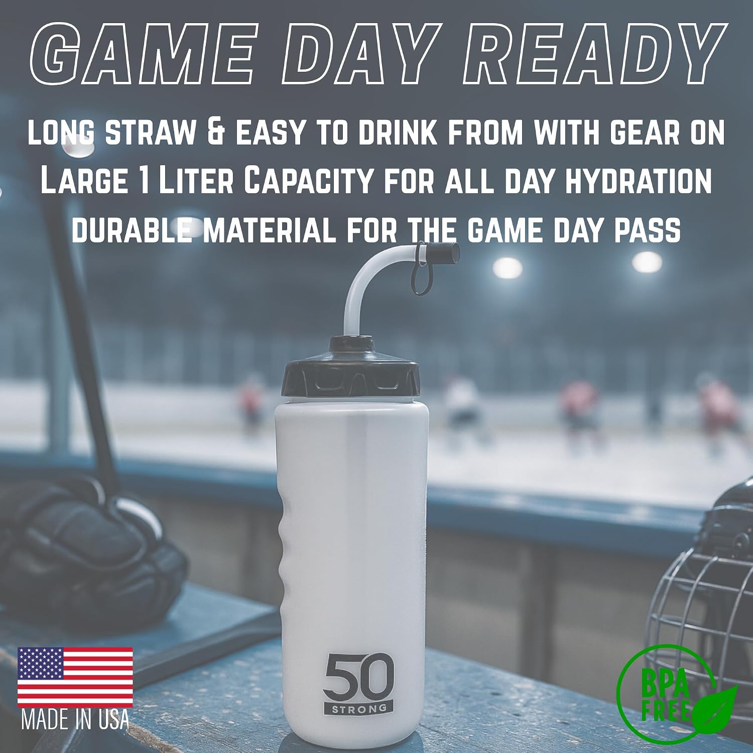 50 Strong | Hockey & Lacrosse Water Bottle with Straw, 1 Liter