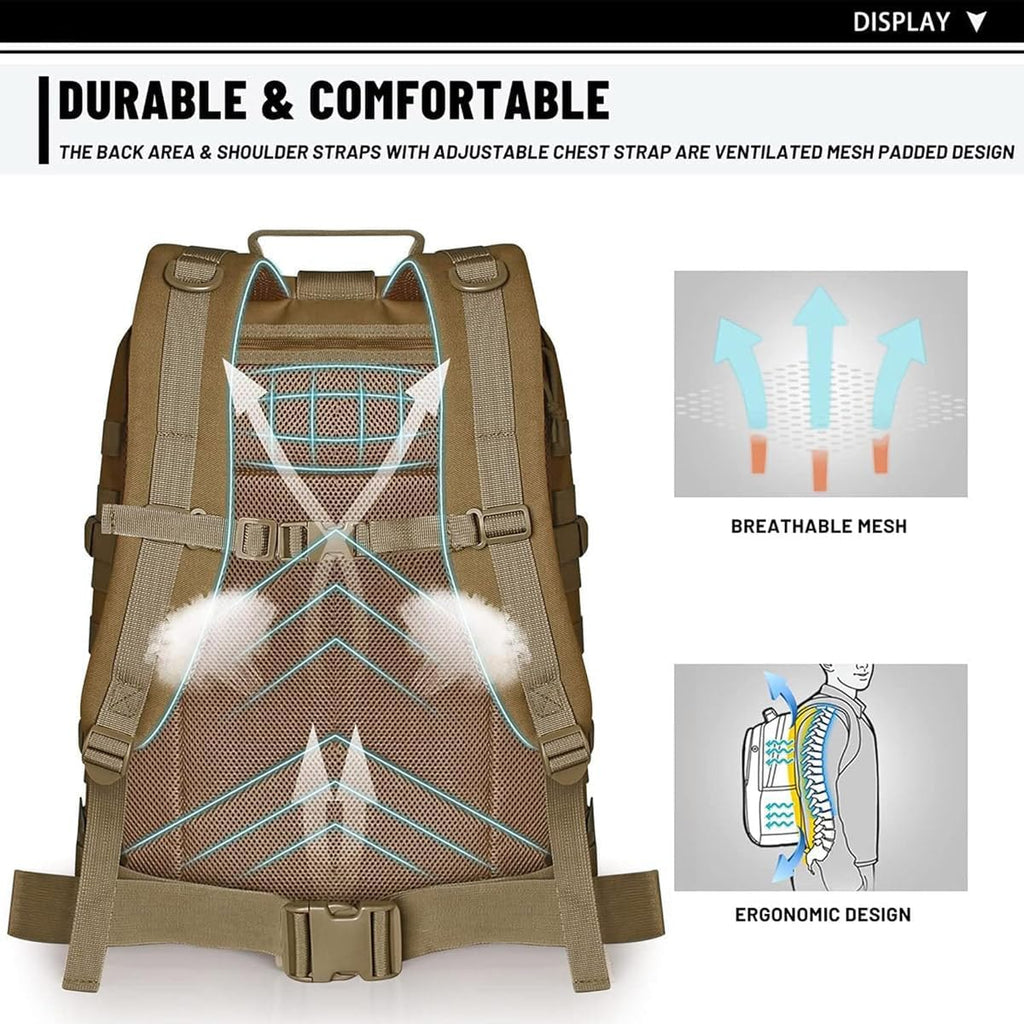 REEBOW GEAR Military Tactical Backpack for Men Large Army 3 Day Assault Pack Molle Hiking Daypack Bag (Brown-Tan)