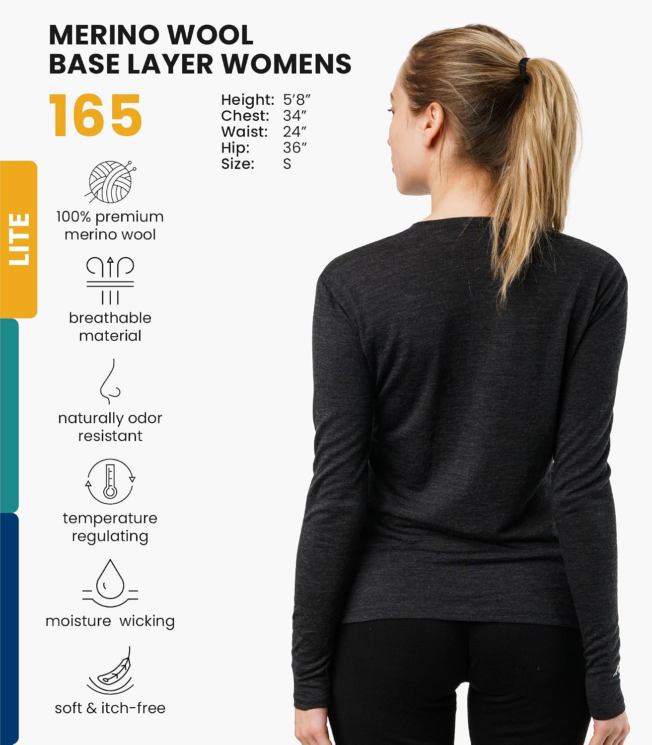 100% Merino Wool Base Layer Women - Long Sleeve Thermal Shirt with Socks