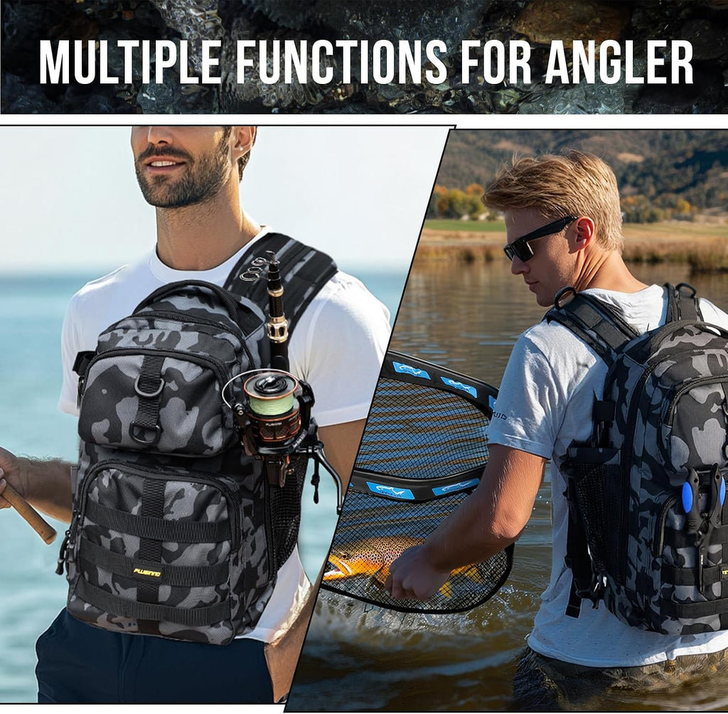 PLUSINNO Fishing Backpack with Floating Fishing Net, Tackle Box,Tackle Bag