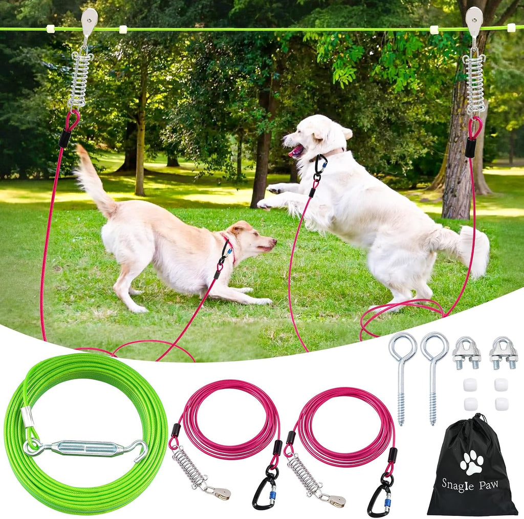 Dog Tie Out Runner for Yard,Trolley System for Large Dogs,Heavy Duty Dog Run Cable Lead 50ft with 10ft Pulley Runner Line for Small Medium and Large Dogs Up to 250lbs Running Outside Yard or Camping