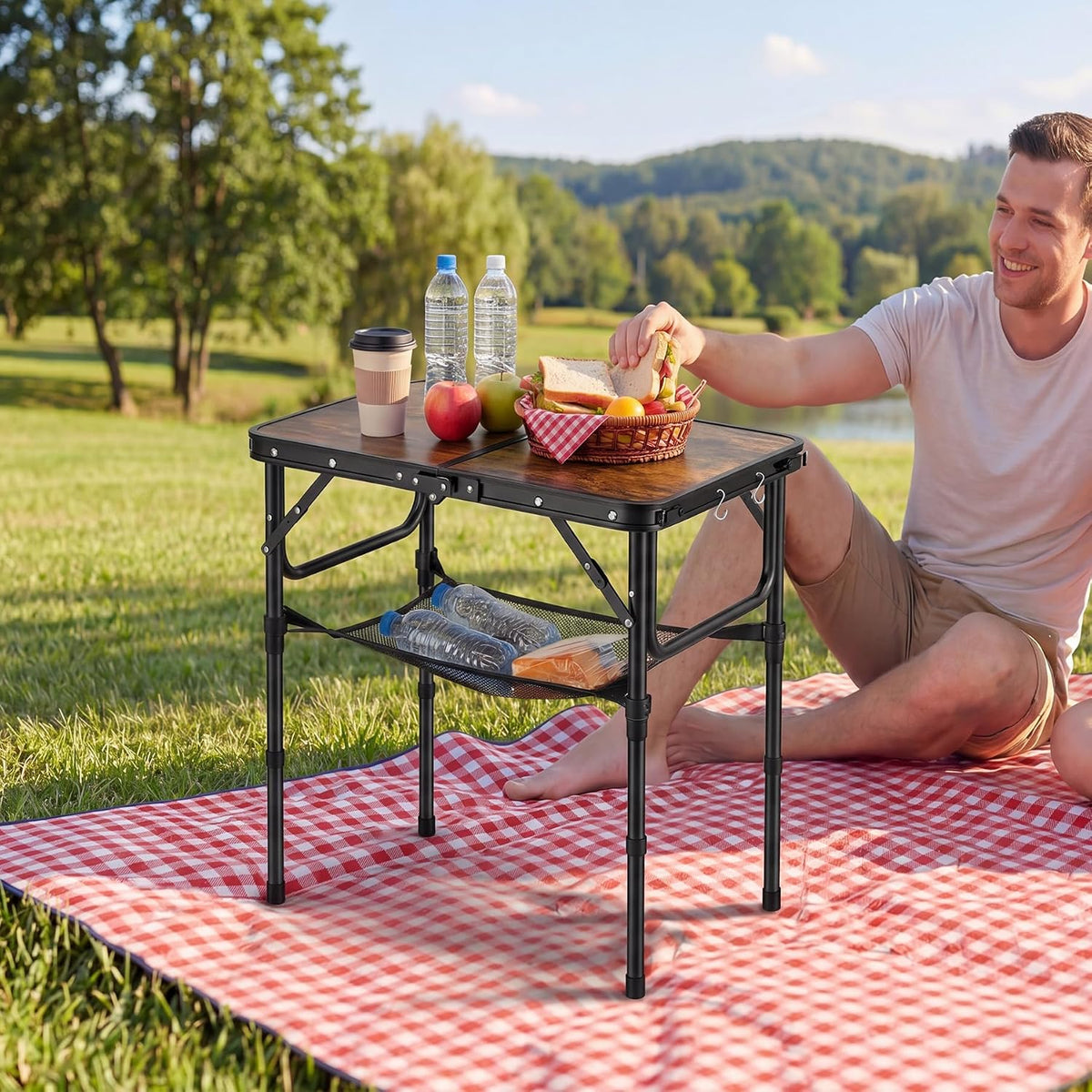 YihuiKo Small Folding Picnic Table with Storage Net, Adjustable Height