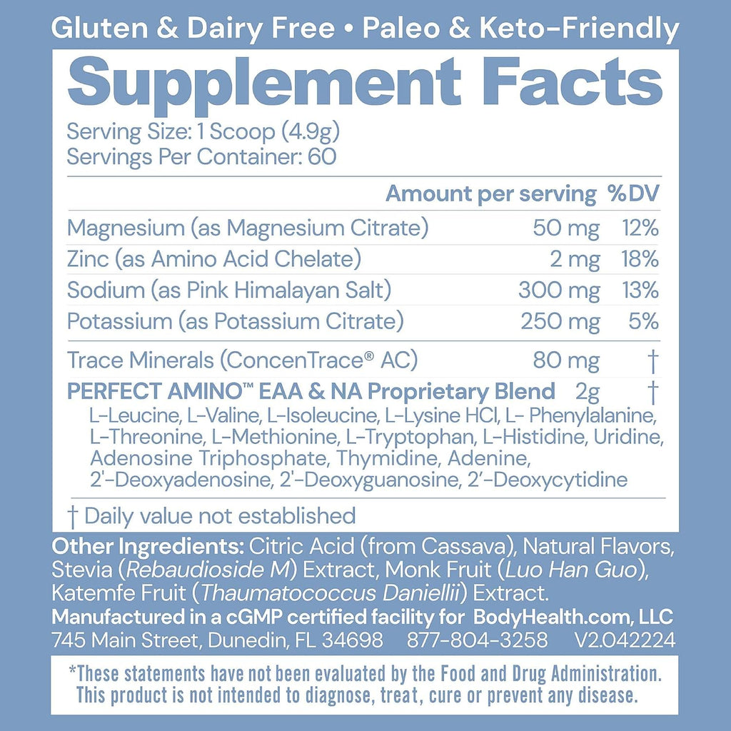 BodyHealth PerfectAmino Electrolytes Powder No Sugar, Hydration Fasting Keto Zero Sugar Electrolytes Drink Mix with Trace Minerals - Passion Fruit - 60 Servings