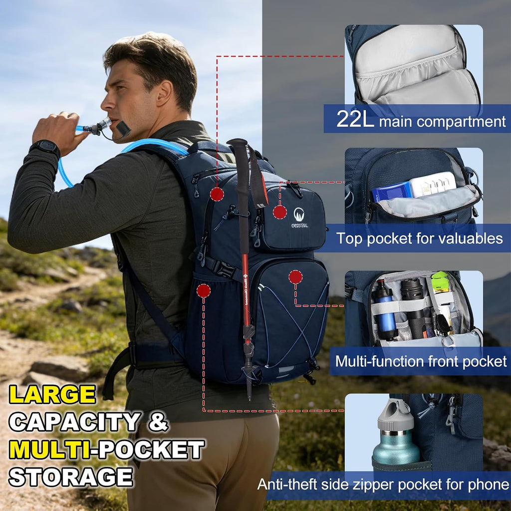 Hydration Backpack 22L, Hiking Backpack with 2L Leakproof Bladder, Sewn-in Rain Cover, Insulated Compartment for Men & Women Running, Cycling, Camping