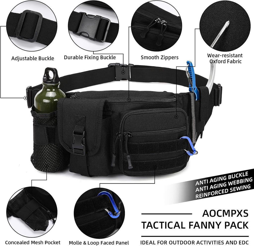 Tactical Fanny Pack For Men, Military Waist Bag Adjustable Hip Belt BumBag EDC Bags for Outdoor Fishing Hiking Hunting with Bottle Holder Pouch and US Flag Patch (Black)
