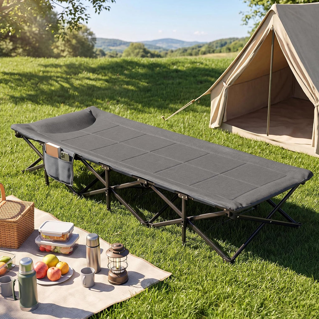 Goplus Camping Cot with Padded Pillow, Carry Bag, Max Load 600 lbs, Grey