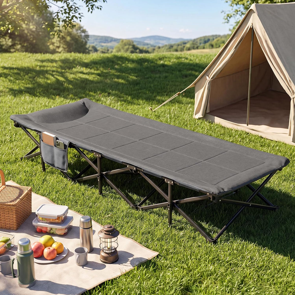 Goplus Camping Cot with Padded Pillow, Carry Bag, Max Load 600 lbs, Grey