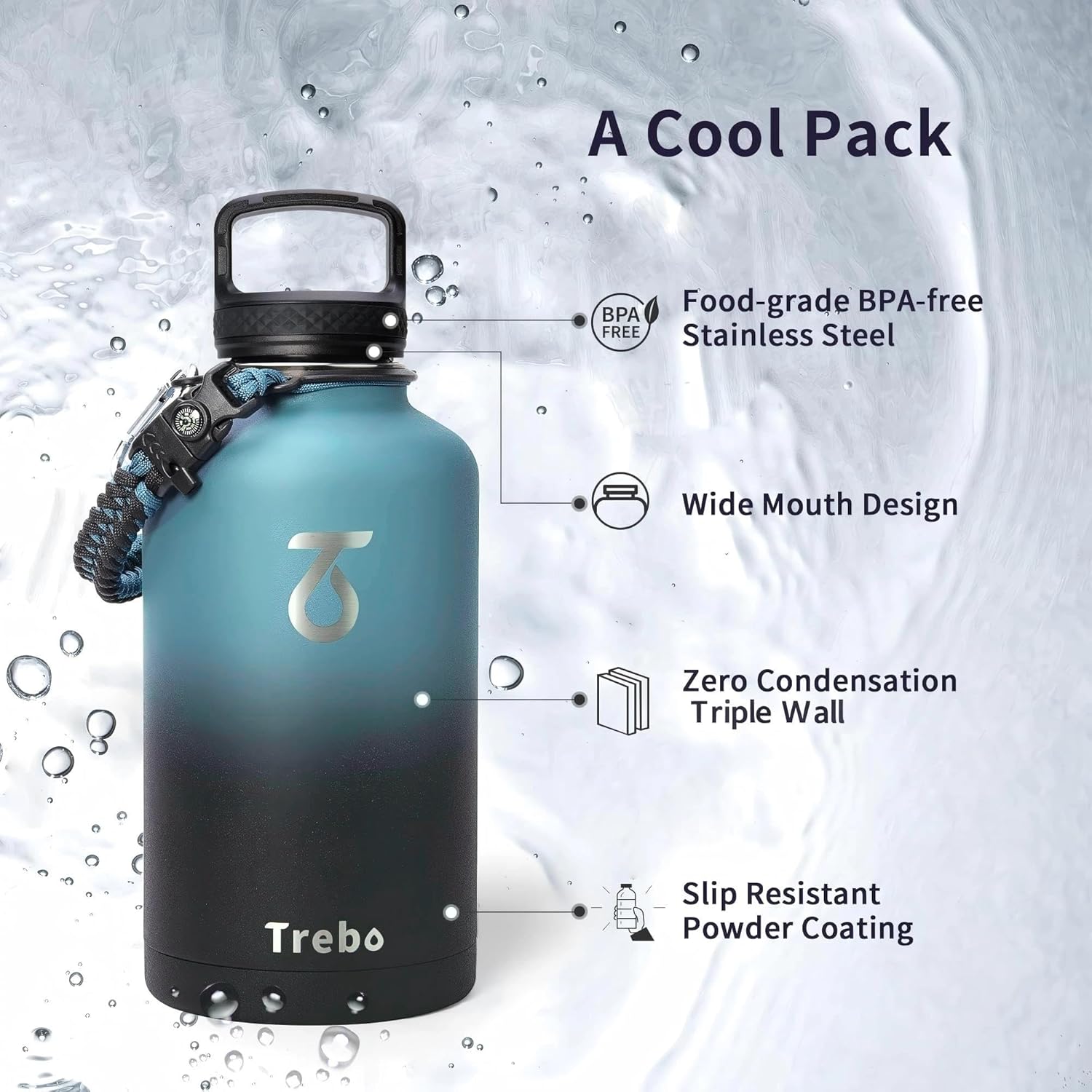 Trebo 64 oz Water Bottle Stainless Steel with 3 Lids, Paracord Handle & Bag