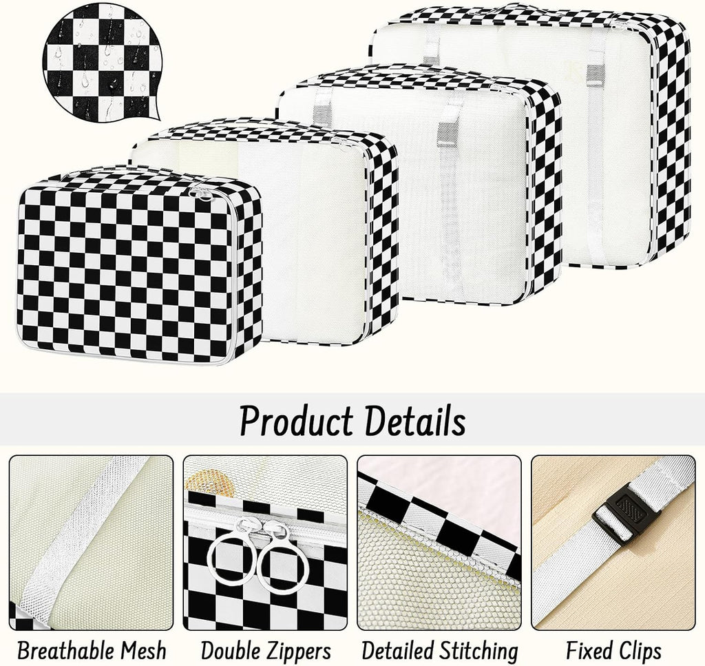 9 Set Packing Cubes for Travel Essentials - Lightweight Carry-On Luggage Organizer Bags with Shoe, Clothes & Laundry Bags for Airplane, Family & Business Travel, Black checkered