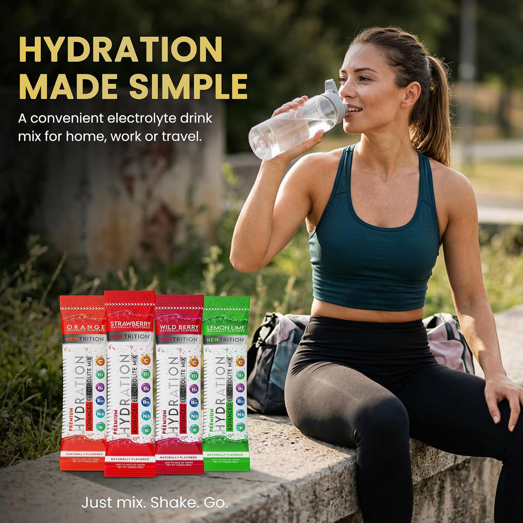NewTrition® Hydration Powder - Pack of 48 Electrolyte Powder Packets, Naturally Flavored Hydrating Packets for Water, Fast Acting Electrolytes with Vitamins, Lime, Strawberry, Orange, Wild Berry