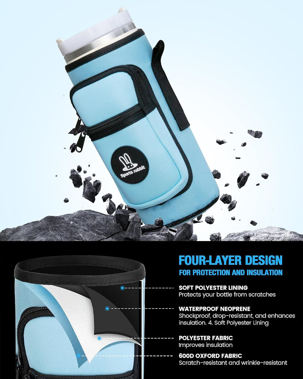 Sports rabbit Universal Water Bottle Holder with Strap & Phone Pocket