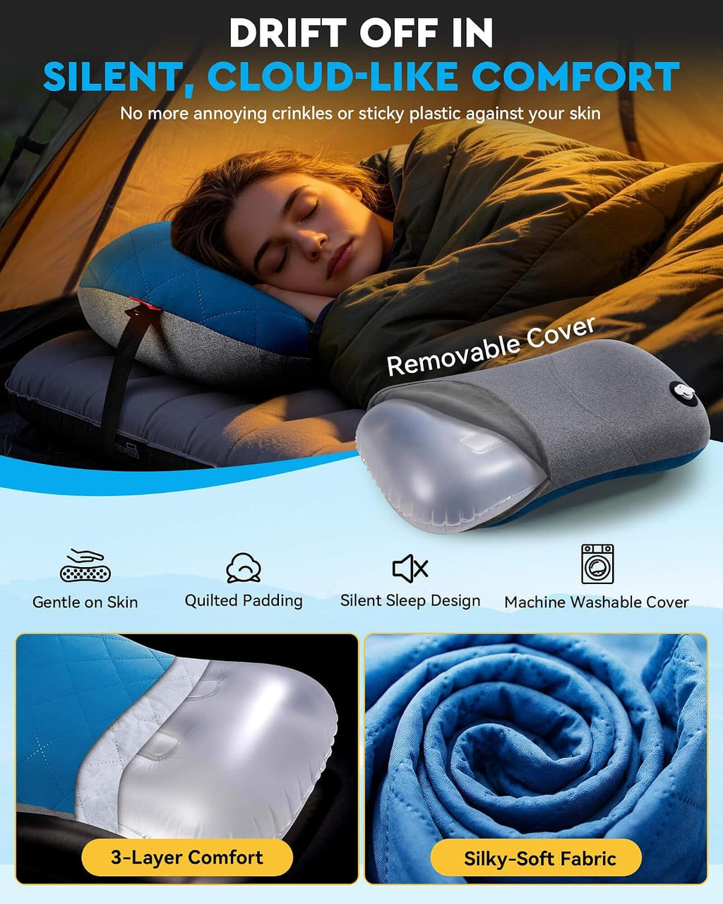 Hikenture Camping Pillow with Removable Cover, Ultralight Inflatable Pillow
