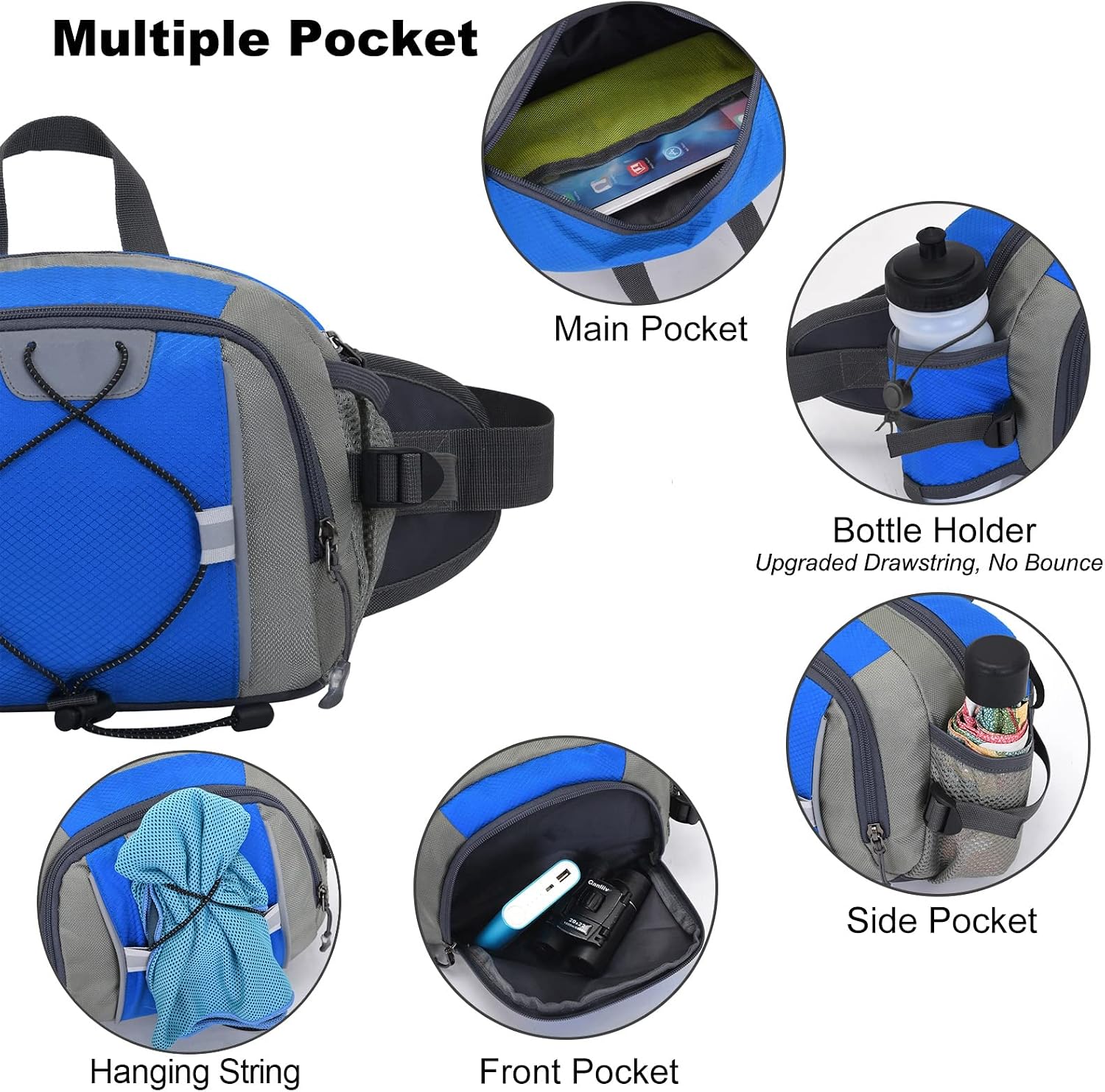 Peicees Hiking Fanny Pack Large Waist Bag for Men Women with Bottle Holder Water Resistant Lumbar Pack for Hiking Camping Fishing Outdoor (Bottle Not Included)