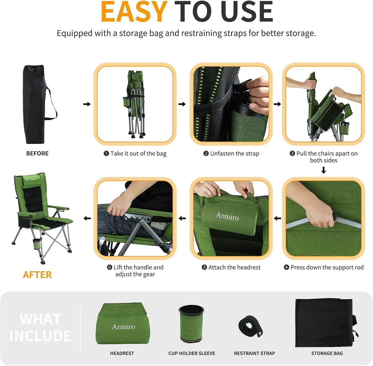 Heavy Duty Folding Camping Chair for Camp, Picnic, Lawn, Fishing (Green, Adjustable)