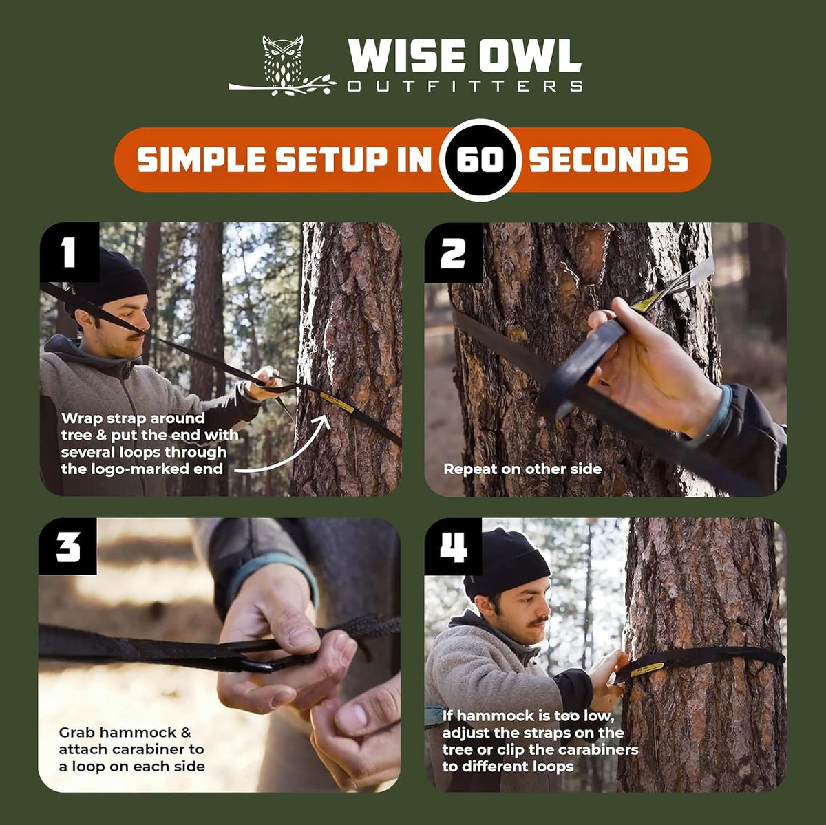 Wise Owl Outfitters Camping Hammock – 400lbs Portable Hammock with Tree Straps - Travel, Backpacking, Hiking, Outdoors Camping Gear - Single