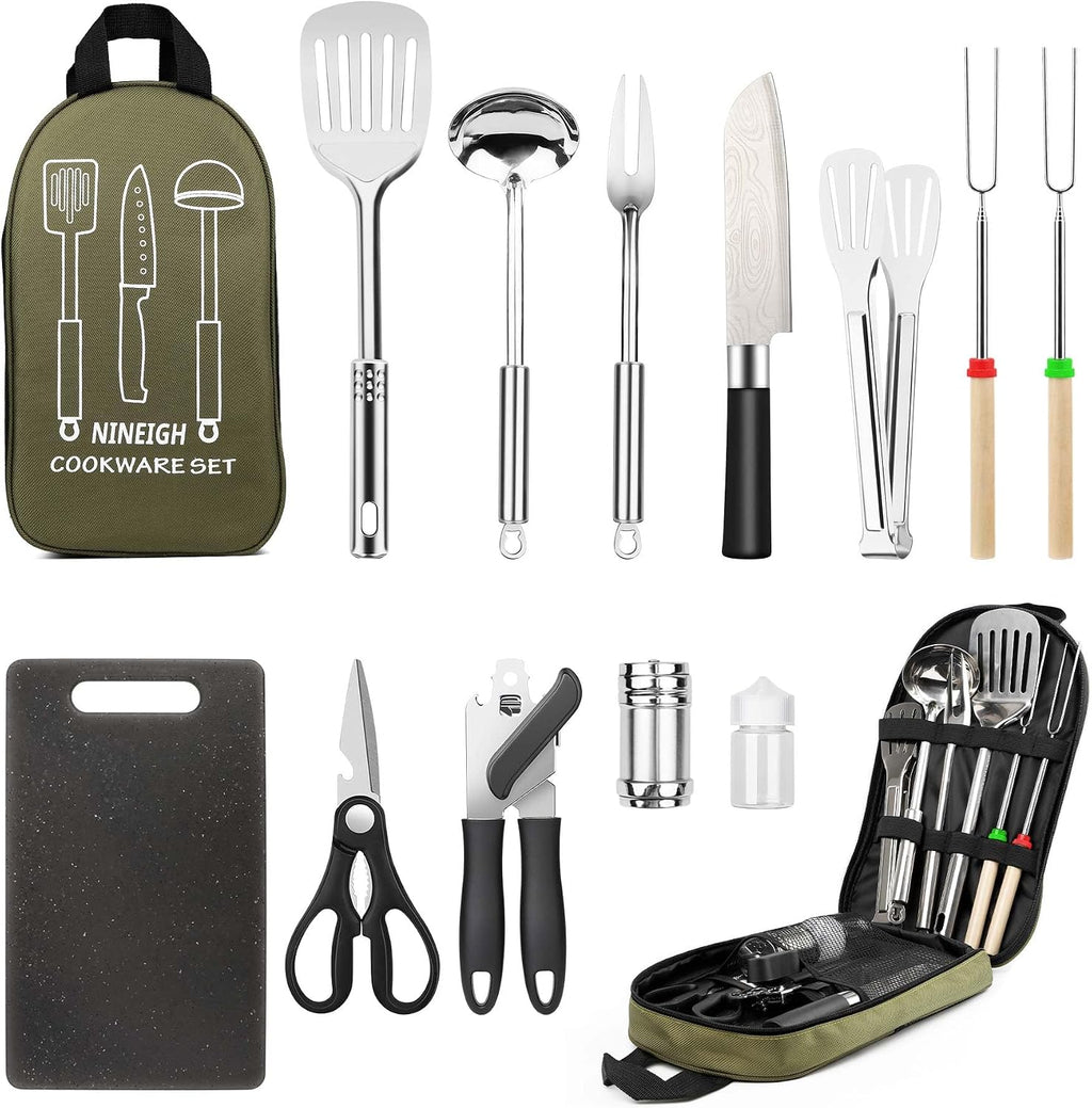 Camping Cooking Utensils Set, Stainless Steel Grill Tools, Camping BBQ Cookware Gear and Equipment for Travel Tenting RV Van Picnic Portable Kitchen Essentials Accessories