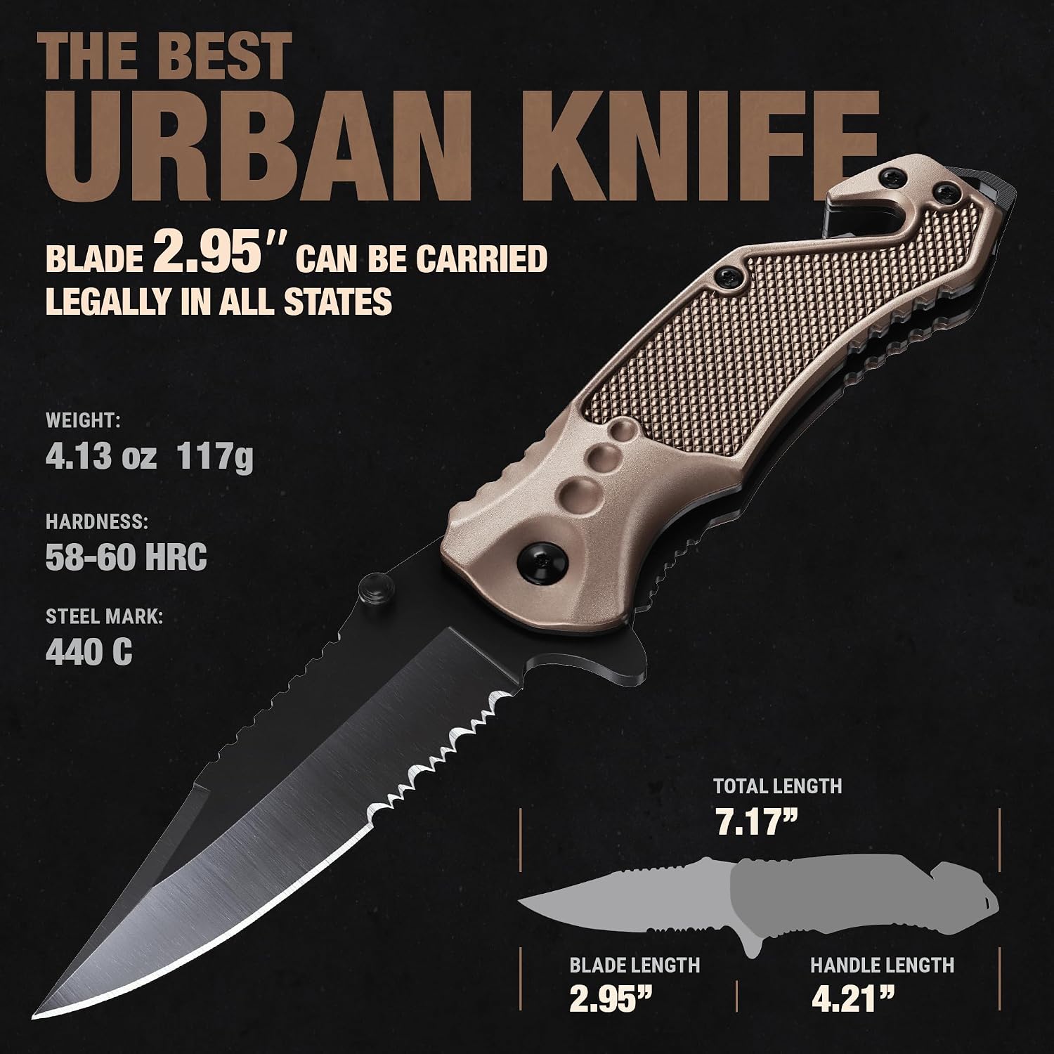 GOOD WORKER Legal Pocket Knife with 2.95” Serrated Blade, Glass Breaker, Seat Belt Cutter - EDC Sharp Folding Knives with Portable Clip - Small Tool for Tactical Camping Survival Hiking - Gifts for Men, Women
