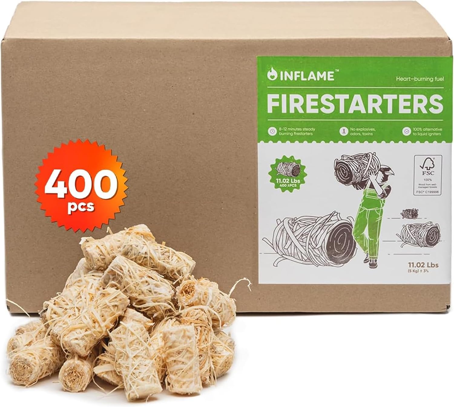 Inflame Fire Starters 400 pcs - Fire Starters for Campfires, Charcoal, BBQ