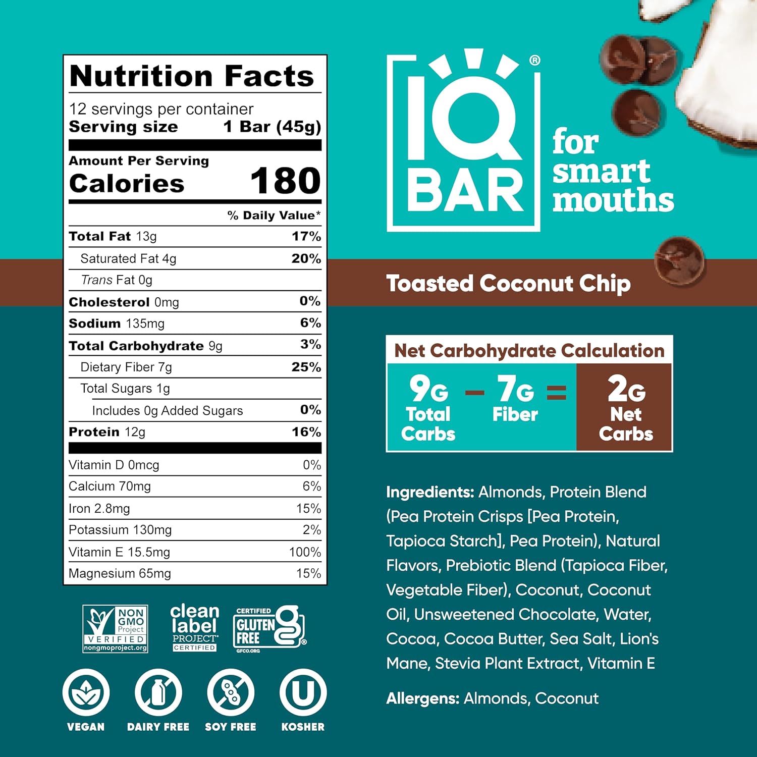 IQBAR Clean Protein Bars, Low Sugar Keto, Toasted Coconut Chip 12-Count