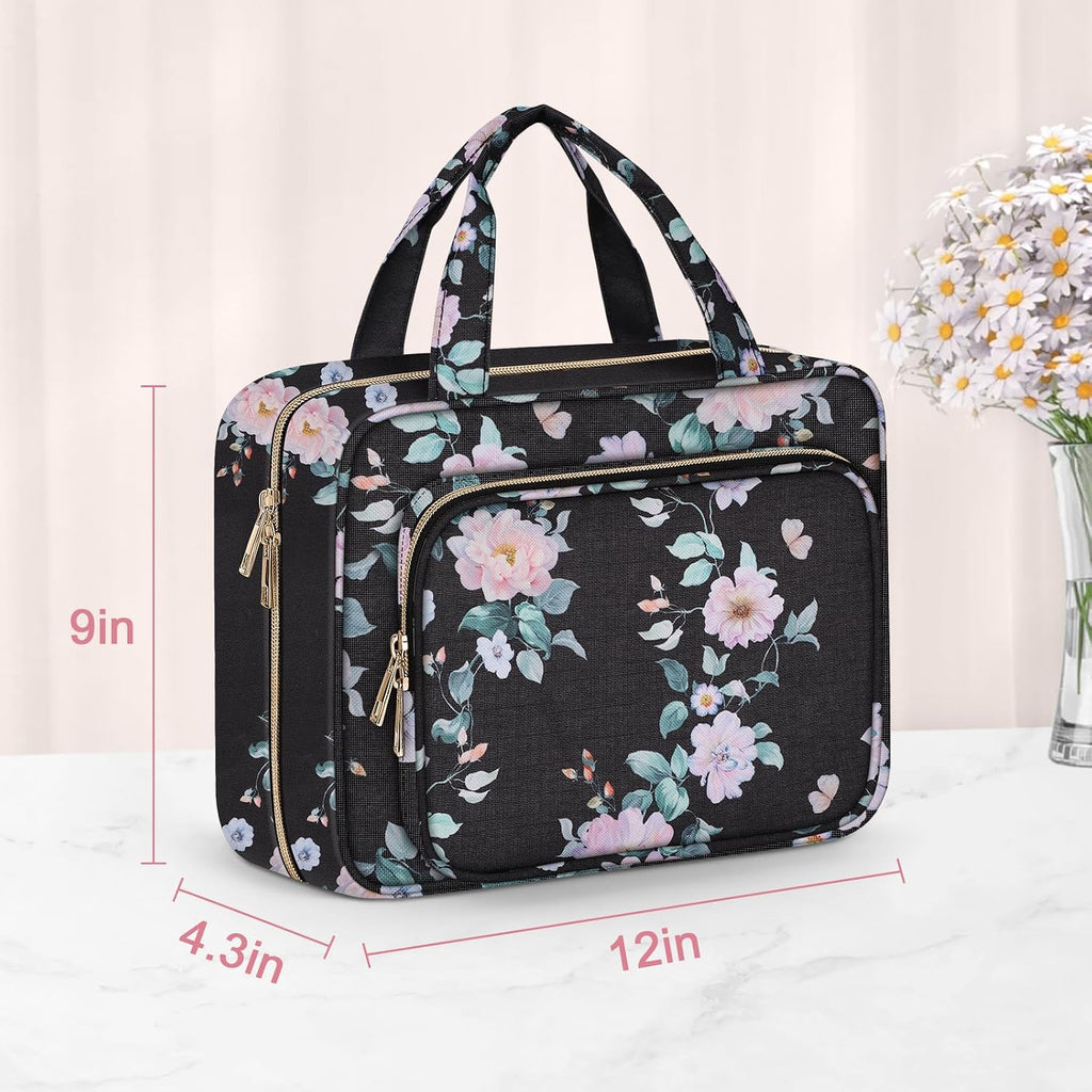 Wedama Toiletry Bag for Women, Large Cosmetic Travel Bag, Hanging Toiletry Bag for Bathroom, PVC Waterproof Makeup Bag, Toiletries Bag for Travel Business Trips and Camping, Black+Pink Floral
