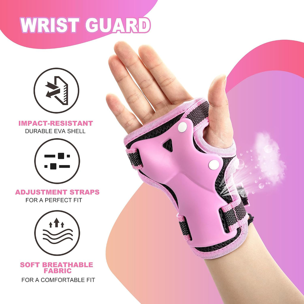 2PM SPORTS Knee Pads for Kids, Wrist Guards Knee and Elbow Pads Set with Drawstring Bag, Protective Gear Set for Girls Boys Roller Skating Cycling Skateboard - Pink Medium