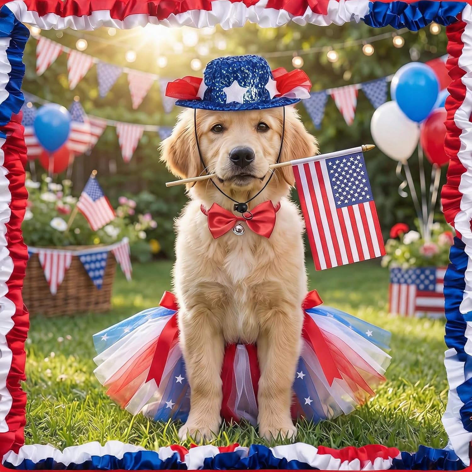 3 PCS Dog 4th of July Outfit, Cat Dog Costume Patriotic 4th of July with Tutu Skirt, Bowtie Collar and Hat Set, Independence Day Pet Accessories for Small Medium Dogs Cats