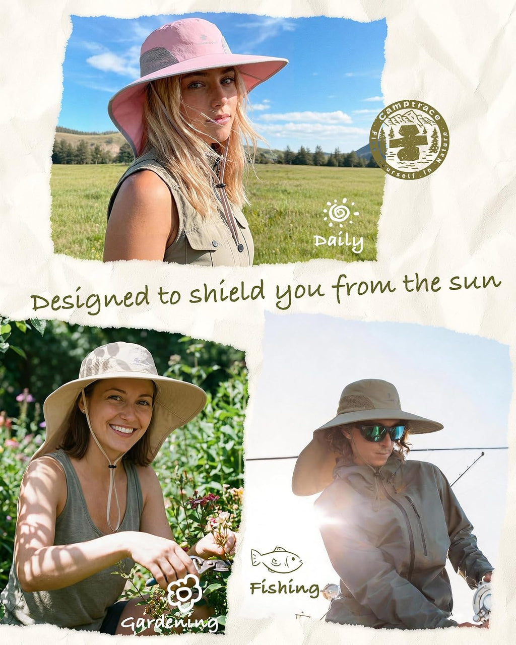 Camptrace Sun Hats for Women Men with Neck Flap UV Protection Wide Shade