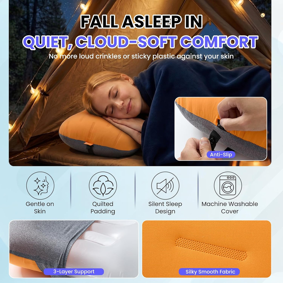 Inflatable Camping Pillow - Ultralight Compact Air Pillow for Travel, Backpacking & Hiking - Ergonomic Neck & Lumbar Support - Portable Inflatable Pillow with Removable Washable Cover - (Orange)