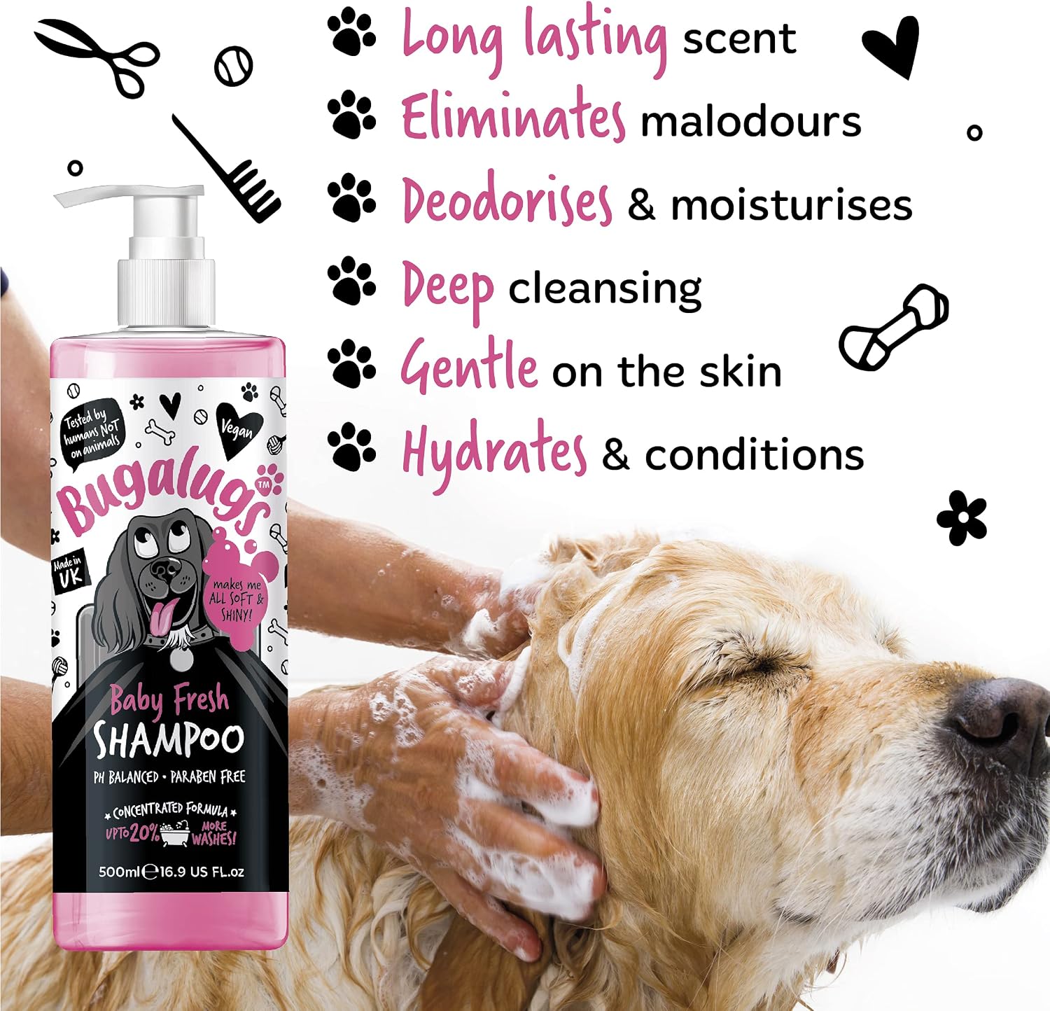 BUGALUGS Baby Fresh Dog Shampoo 16.85 FL Oz - Grooming Product for Smelly Dogs with Baby Powder Scent - Best Puppy Shampoo, Conditioner, Vegan and Professional Pet Shampoo