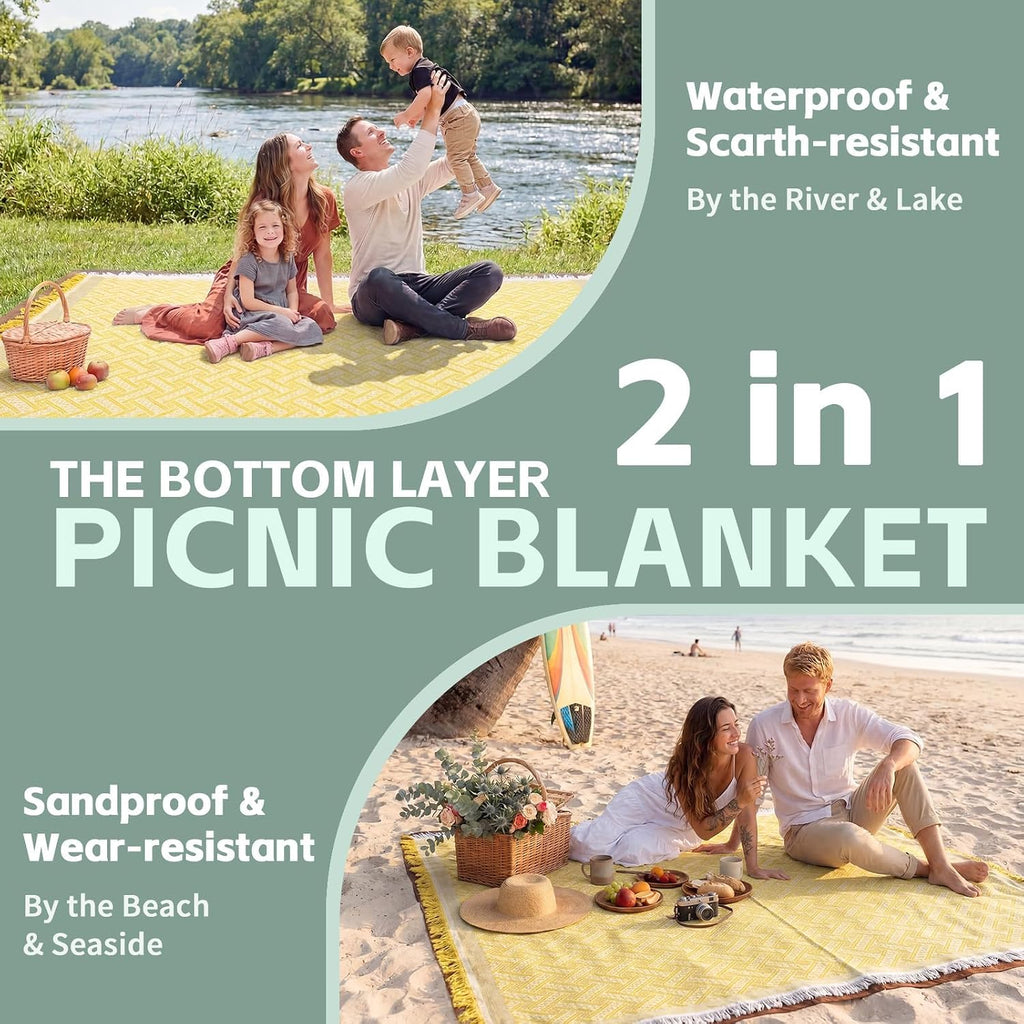 RYCHIC 2 in 1 Extra Large Outdoor Rug Picnic Blanket Camping Mat Lightweight Oversized Giant Turkish Boho Beach Mexican Serape Baja Cobijas Mexicanas para Mesa Park Stadium Outside Grass Hammock
