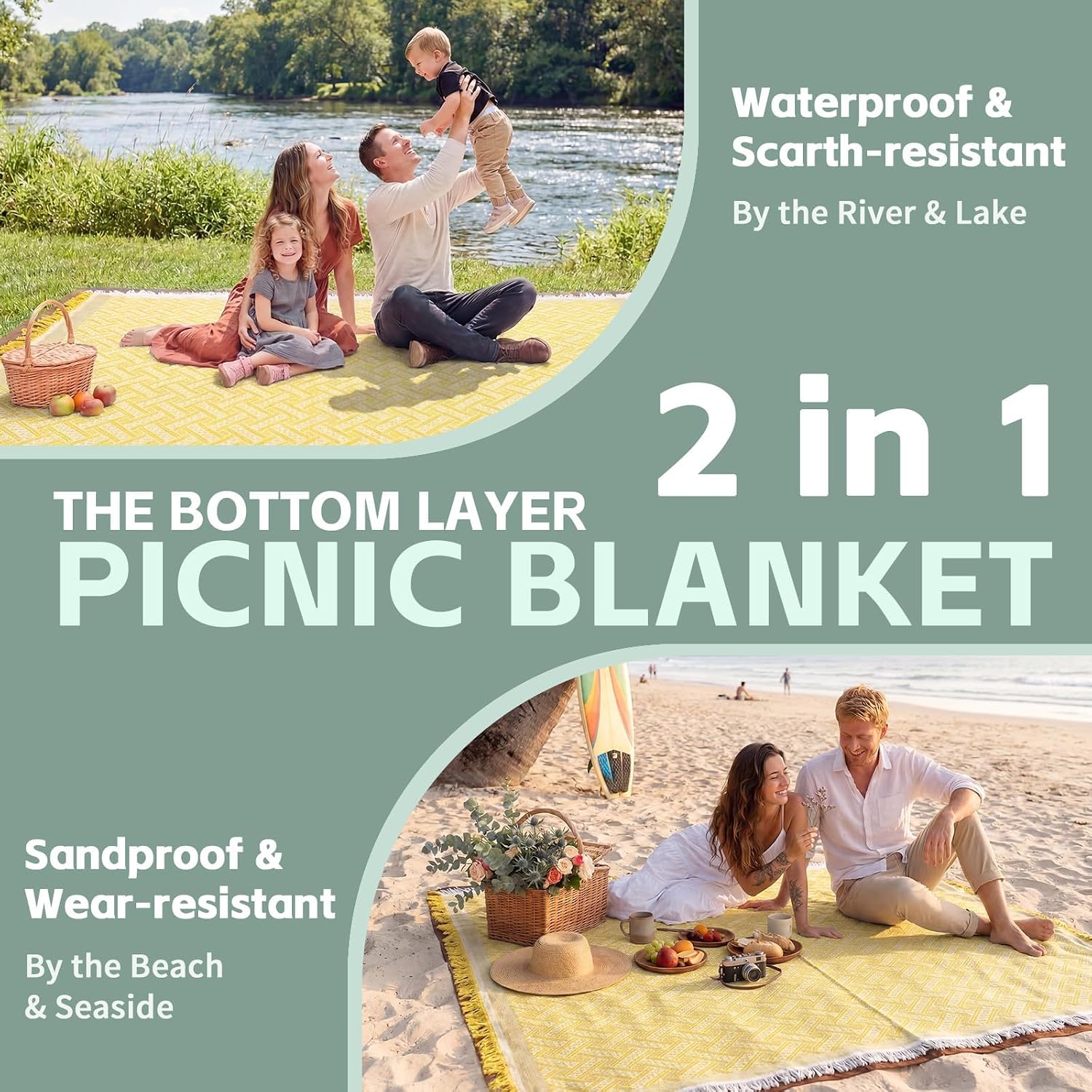 RYCHIC 2 in 1 Extra Large Outdoor Rug Picnic Blanket Camping Mat Lightweight Oversized Giant Turkish Boho Beach Mexican Serape Baja Cobijas Mexicanas para Mesa Park Stadium Outside Grass Hammock