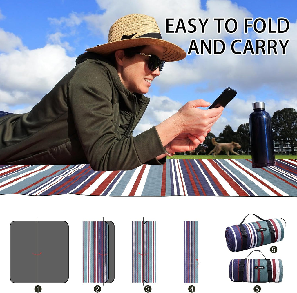 HX&OD Large Picnic Blanket Outdoor 80”x60” Waterproof Picnic Mat Foldable 3-Layer Camping Blanket Portable with Carry Strap Park Blanket for Grass(Red)