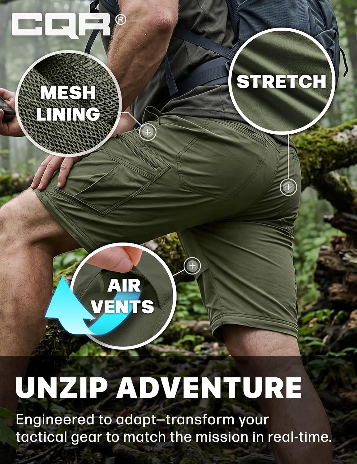 CQR Men's Convertible Cargo Tactical Pants, Water Resistant Outdoor Hiking Pants, Zip Off Lightweight Stretch Work Pants
