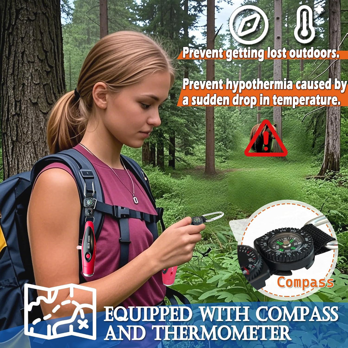 JIUSAIRUI 120dB Electronic Air Horn with Compass & Thermometer- Bear Horn to Scare Bears - Self Defense for Hiking